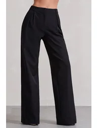 Raina | Black High Waist Pleated Wide-Leg Trousers - 3