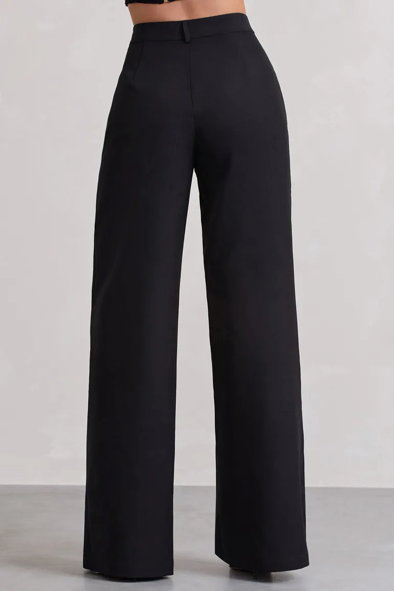 Raina | Black High Waist Pleated Wide-Leg Trousers - 5