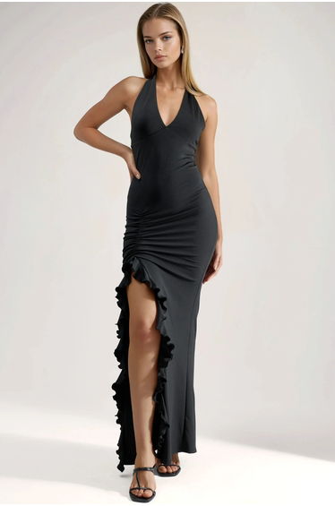Slit Detailed Halter Collar Bodycon Maxi Dress