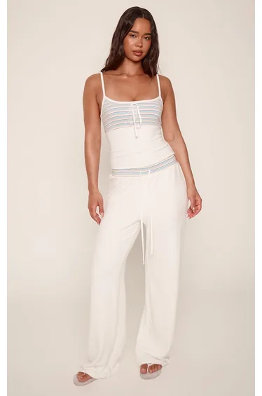 White Soft Striped Waistband Straight Leg Joggers