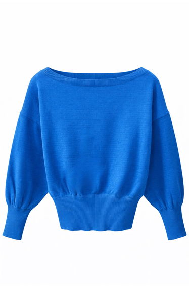 Boat Neck Balloon Sleeve Relaxed Fit Knit Sweater