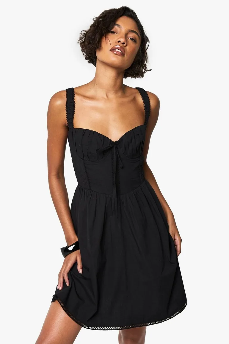Tall Strappy Milkmaid Mini Skater Dress - black - 1