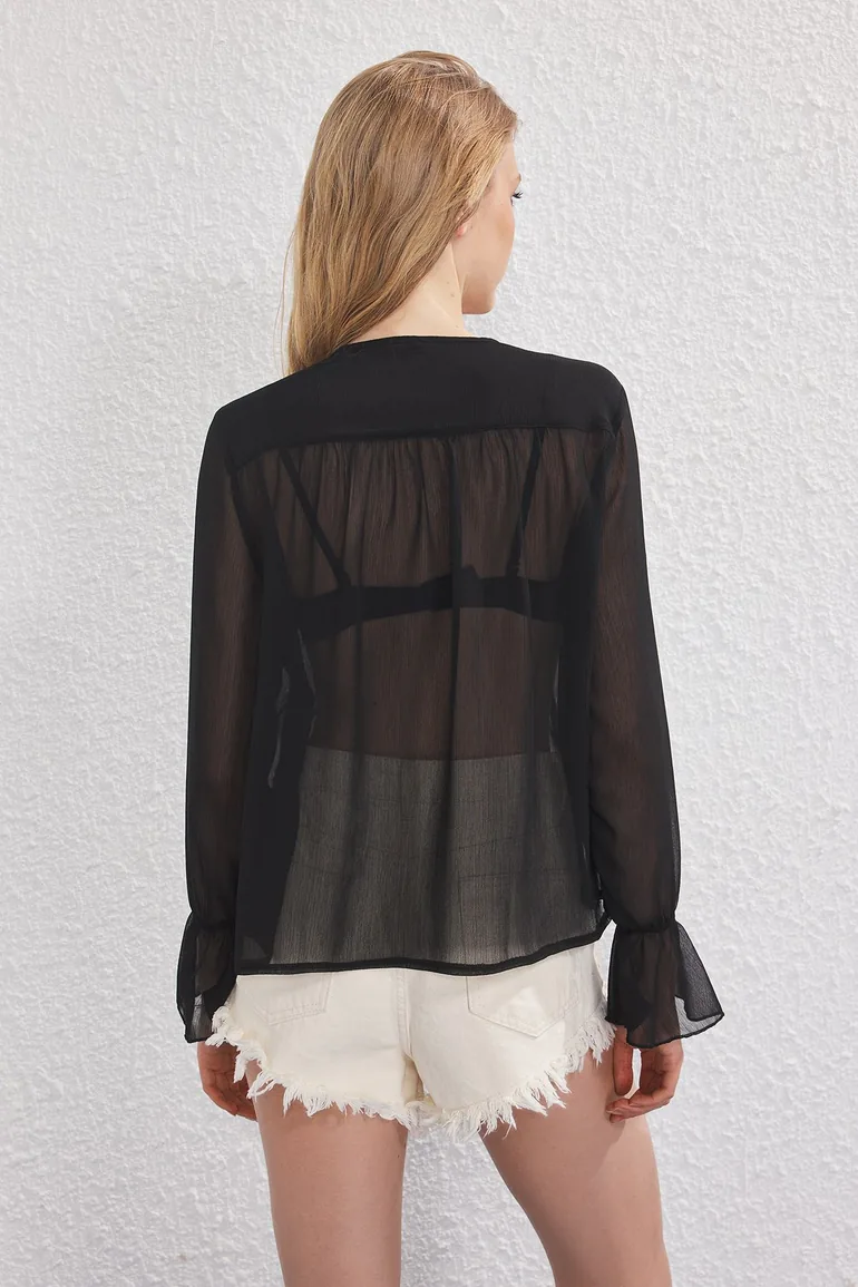 Black Ruffle Detail Crew Neck Shirt - 3