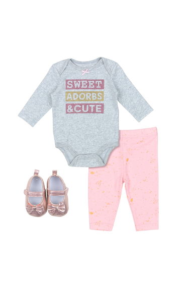 3-Piece Text Print Bodysuit, Leggings and Bow Shoes Set