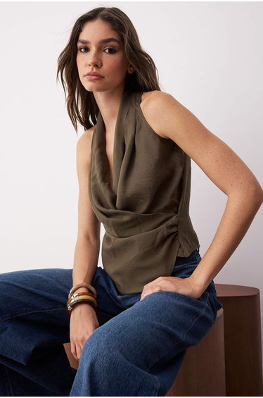 Limited Edition Khaki Modal Double-Breasted Woven Blouse