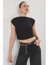 Black Textured Boat Neck Gathered Sleeveless Flexible Knitted Blouse - 1