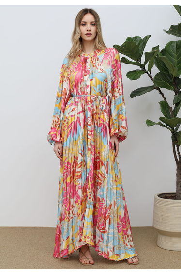 Coral Tropical Printed Full Pleats Button Down Asymmetric Maxi Dress