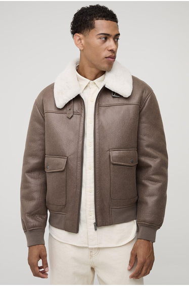 MAN Oversized Washed PU Borg Collared Bomber Jacket - brown