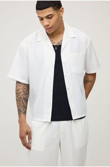 Oversized Boxy Fit Short Sleeve Plunge Irregular Pleat Shirt - white