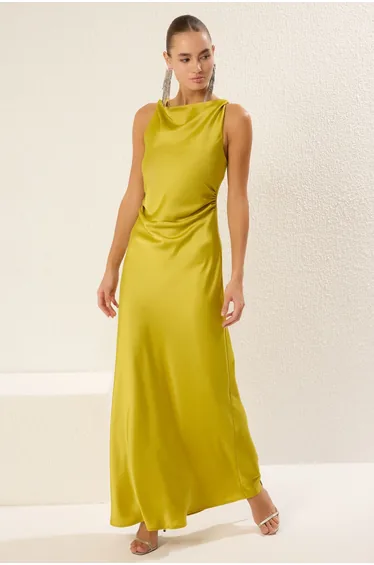 Oil Green Bodycon Satin Woven Maxi Evening & Graduation Dress