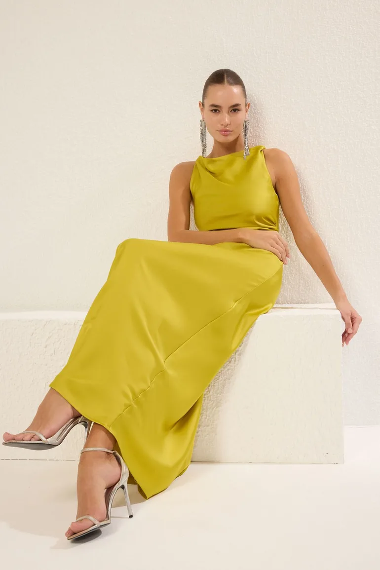 Oil Green Bodycon Satin Woven Maxi Evening & Graduation Dress - 1
