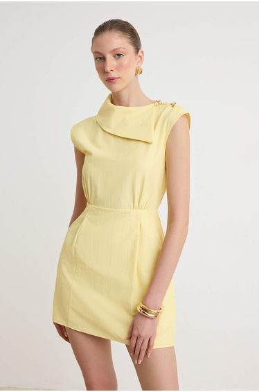 Light Yellow Collar Detail Mini Woven Dress