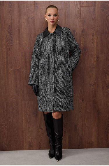 Black Herringbone Collar Detailed Mono Closure Oversize Long Cashmere Coat