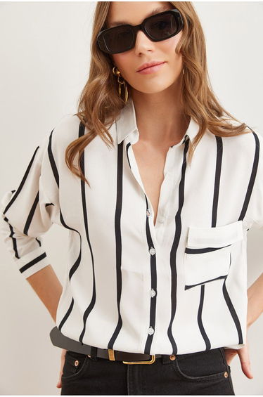 Women's Thick Striped White Single Pocket Woven Viscose Shirt