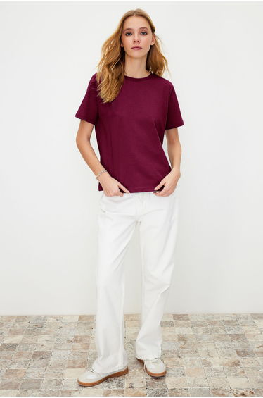 Dark Cherry 100% Cotton Basic Crew Neck Knitted T-Shirt