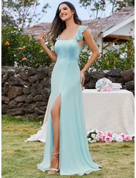 Bow-Tie Back Ruffle Sleeve Chiffon Bridesmaid Dress with High Slit and U-Neck - 3
