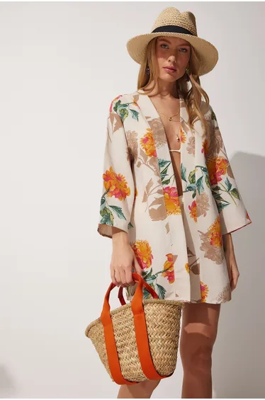 كيمونو كتان نسائي لون برتقالي بيج