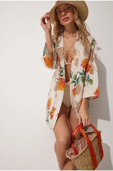 كيمونو كتان نسائي لون برتقالي بيج