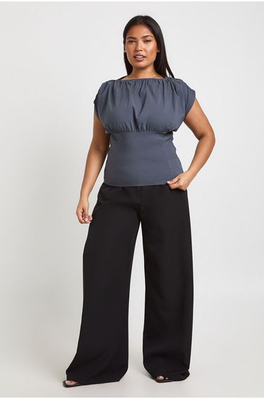 Plus Cinched Waist Ruched Detail Top - charcoal