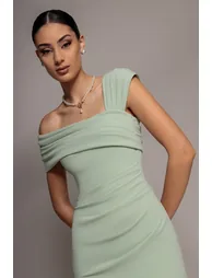 One Shoulder Asymmetric Scuba Crepe Maxi Dress - Sage Green by Goddiva - 2