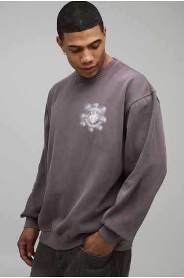 Oversized Graphic Printed Washed Sweatshirt - washed chocolate