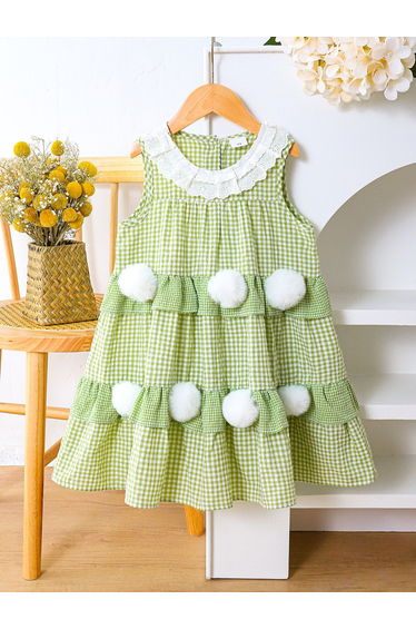 Girls Checked Sleeveless Pom Poms Detail Dress