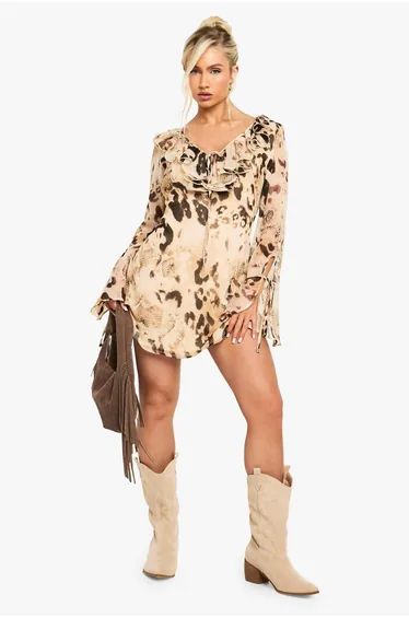 Animal Printed Chiffon Ruffle Shift Dress - brown