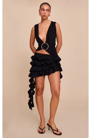 Black Textured Tiered Rara Mini Skirt