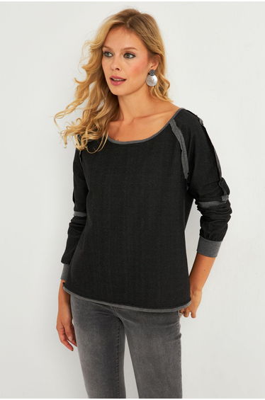 Women's Anthracite Boat Neck Reverse Stitched Sweatshirt