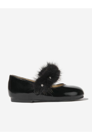BABYWALKER Girls Patent Leather Faux Fur Trim Ballerinas in Black