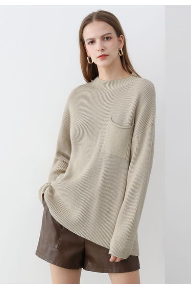 Patch Pocket Ribbed Knit Sweater in Sand