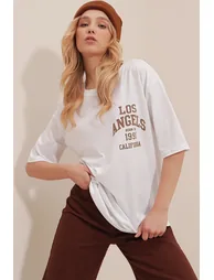 Women's White Crew Neck Printed Oversized T-Shirt - 2