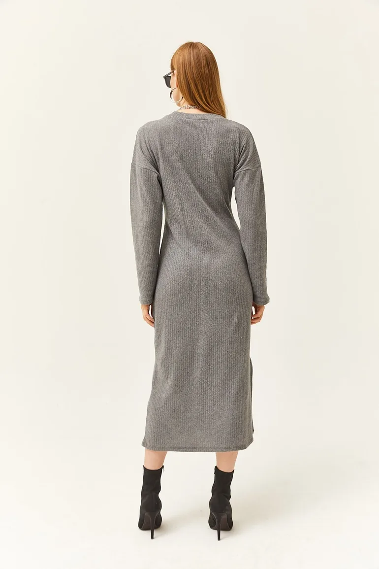 Olalook Grey Column Midi Dress with Long Sleeves - 3