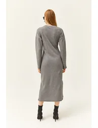 Olalook Grey Column Midi Dress with Long Sleeves - 3