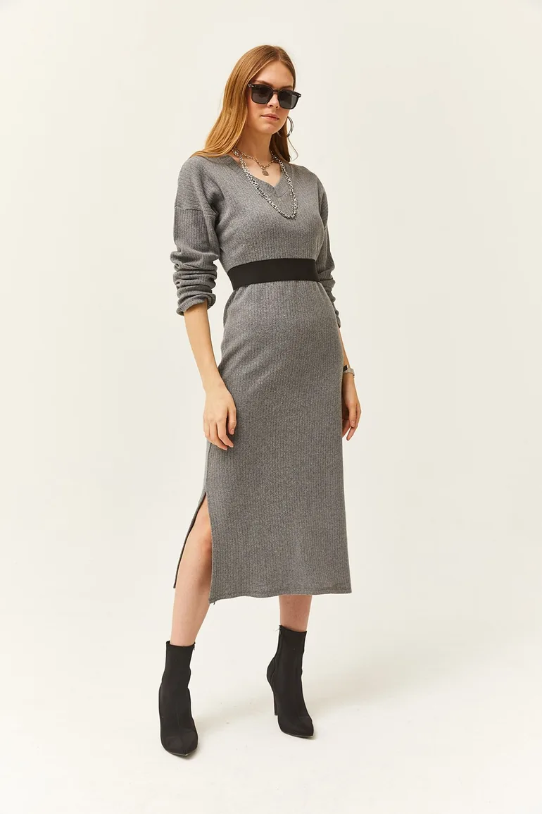 Olalook Grey Column Midi Dress with Long Sleeves - 2