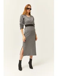 Olalook Grey Column Midi Dress with Long Sleeves - 2