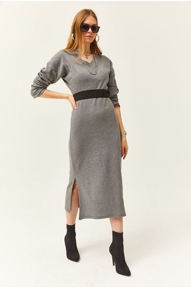 Olalook Grey Column Midi Dress with Long Sleeves