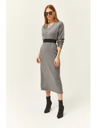 Olalook Grey Column Midi Dress with Long Sleeves - 1