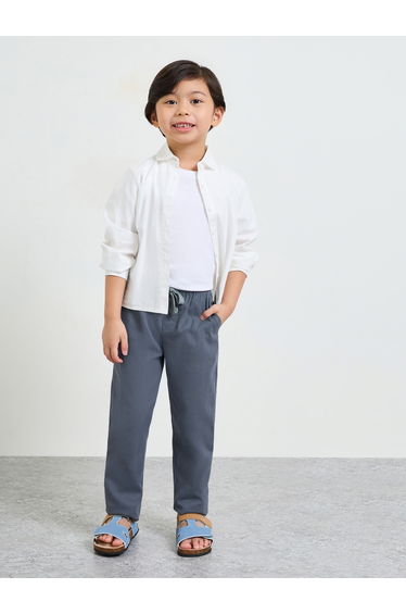 Boys Grey Relaxed Fit Cotton Pants with Drawstring Waist