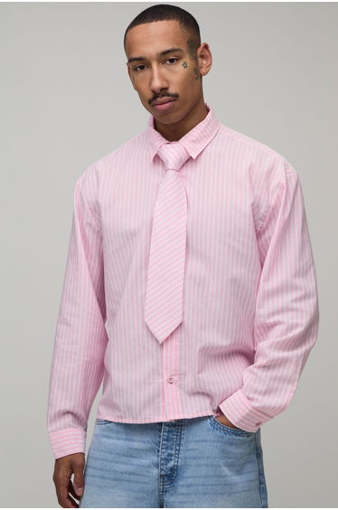 Oversized Boxy Stripe Shirt and Tie - pink