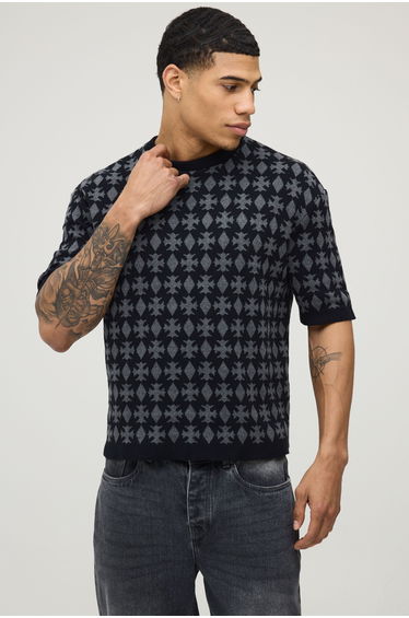Boxy Fit Jacquard Patch Knitted T-Shirt - black