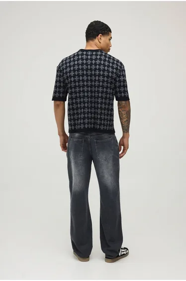 Boxy Fit Jacquard Patch Knitted T-Shirt - black