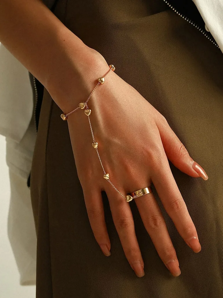 Heart Charm Hand Chain Bracelet Ring Set - 2