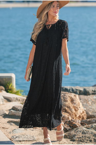 Lvness Black Floral Lace Overlay Tassel Tie Short Sleeve Beach Vacation Loose Maxi Dress product thumbnail 4