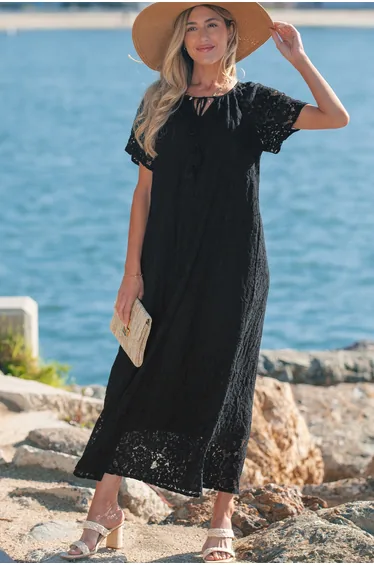 Lvness Black Floral Lace Overlay Tassel Tie Short Sleeve Beach Vacation Loose Maxi Dress