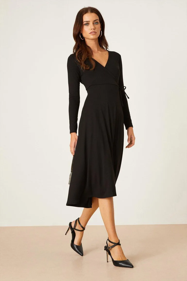 Petite Black Long Sleeve Wrap Midi Dress - 1