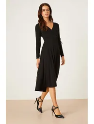 Petite Black Long Sleeve Wrap Midi Dress - 1
