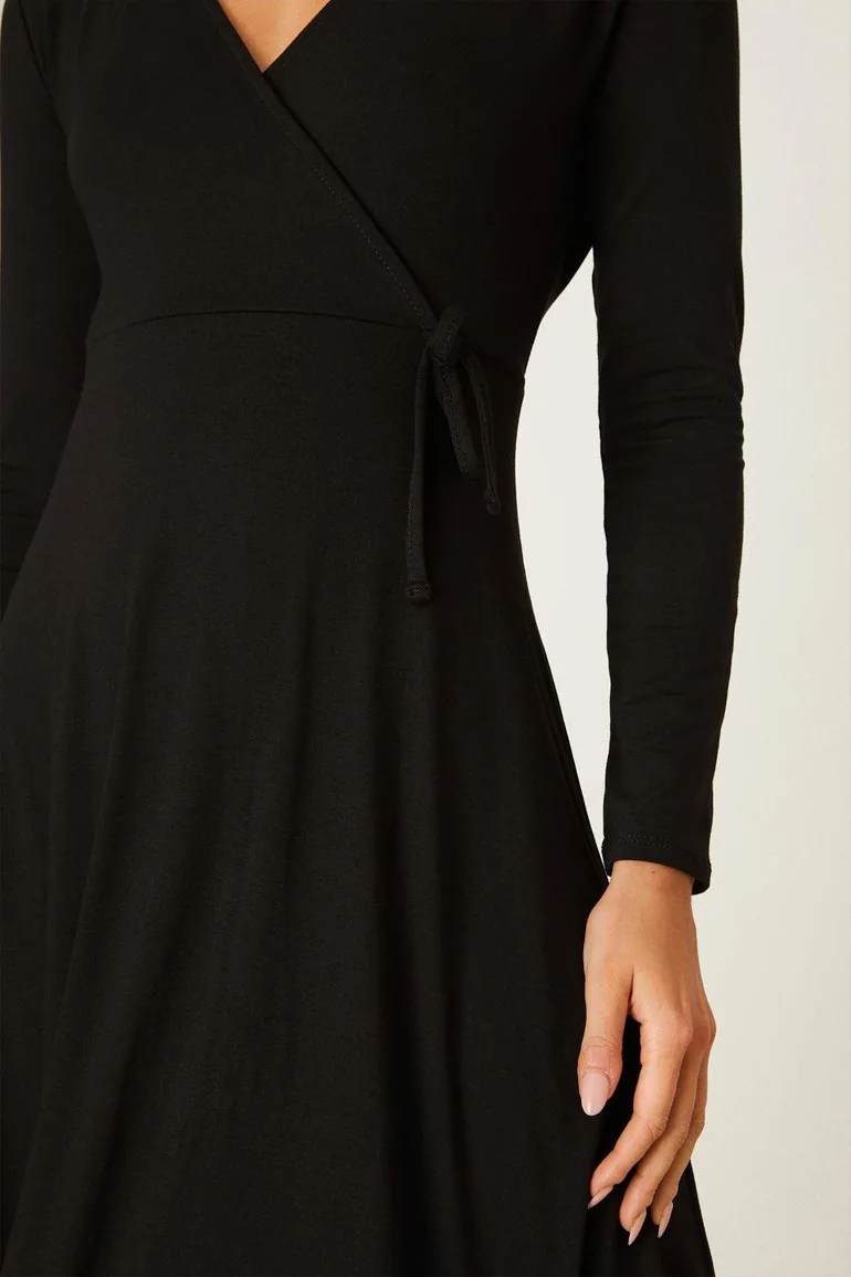 Petite Black Long Sleeve Wrap Midi Dress - 3