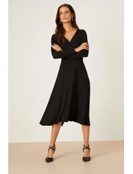 Petite Black Long Sleeve Wrap Midi Dress