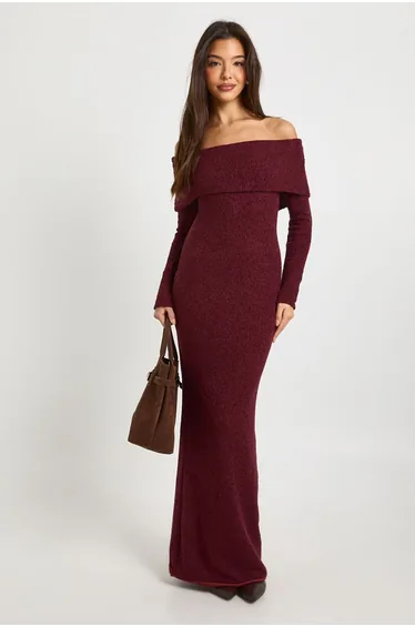 Textured Deep Bardot Maxi Dress - burgundy
